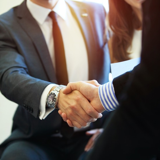 Two people in suits shaking hands