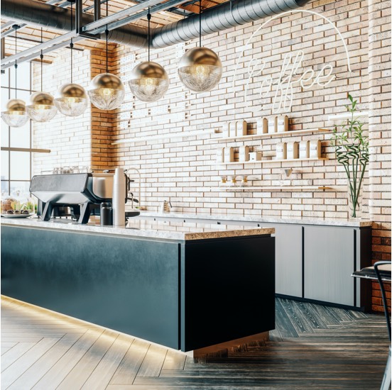 Coffee Bar counter with brick wall and neon Coffee sign